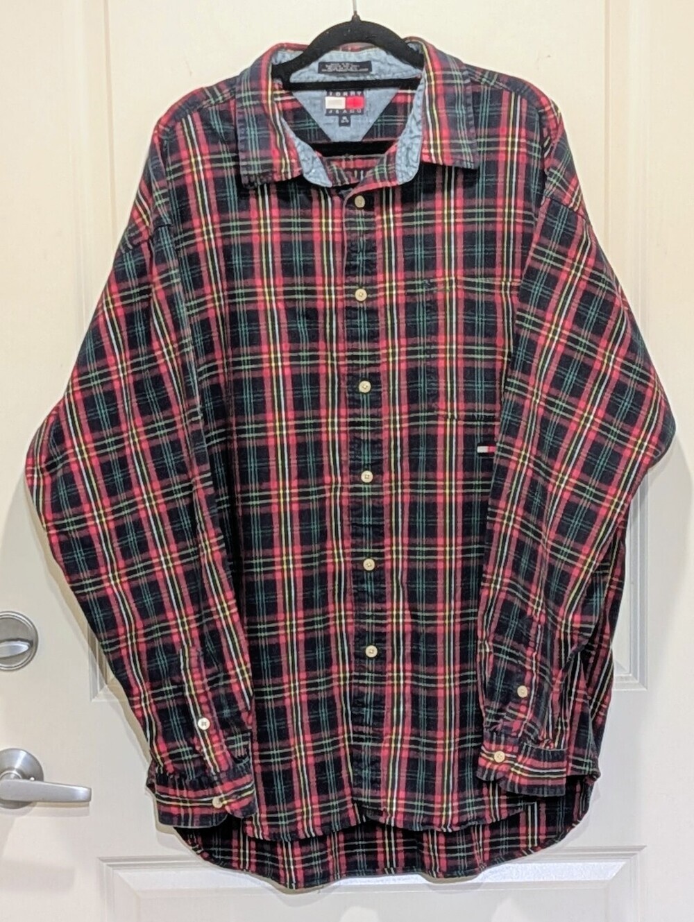 EUC 90s Tommy Jeans XL Mens's Vintage Cotton Red Green Yellow White Plaid Shirt